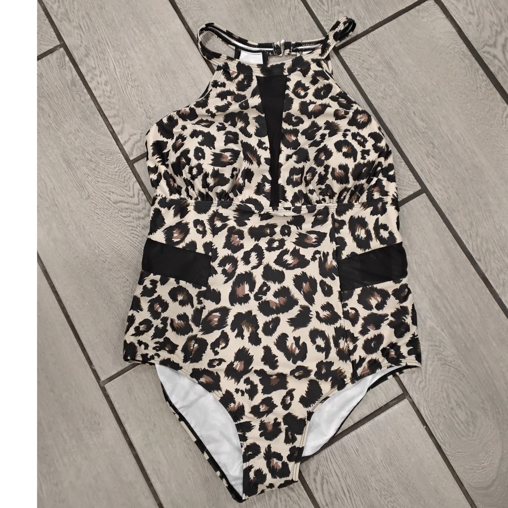 Daci Women Leopard Print High Neck Mesh One Piece Swimsuit‎ XL NWT Animal Print